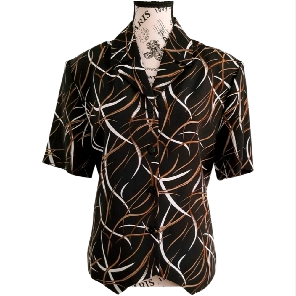 Vintage 90s Traditions Black Tan White Abstract Print Blouse – NWT – Size Large